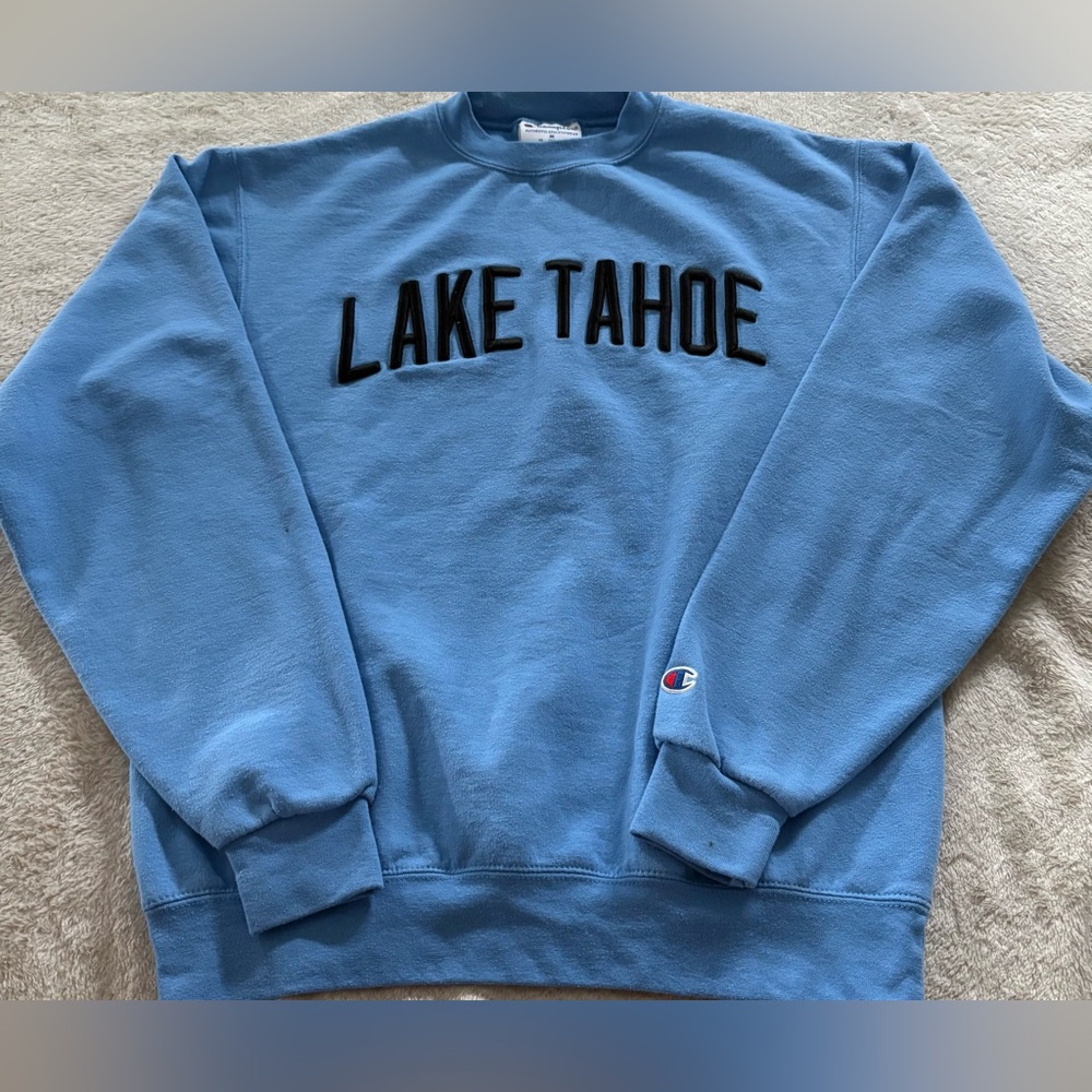 Champion Lake Tahoe Crewneck Sweatshirt Blue with Black Lettering